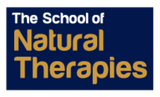 Logo of The School of Natural Therapies with blue background and yellow text.