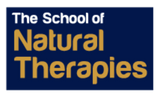 Logo of The School of Natural Therapies with blue background and yellow text.