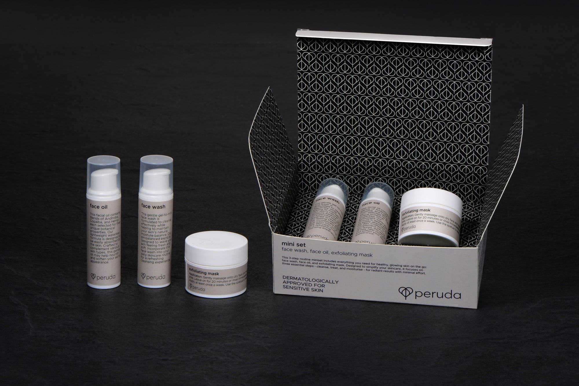 A Peruda mini set next to a face oil, face wash and exfoliating mask.