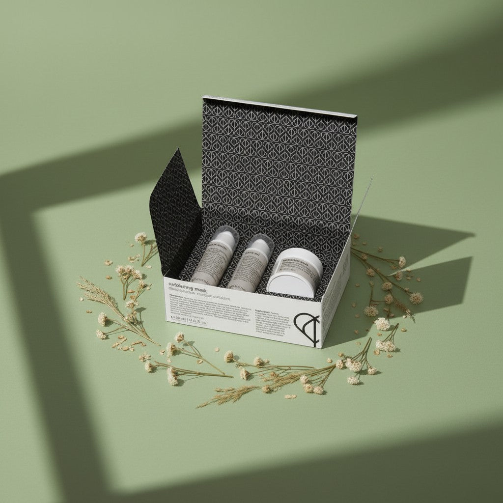 Mini natural skincare set with face wash, exfoliating mask and face oil. A botanical gift set for travel, sampling or everyday ritual.