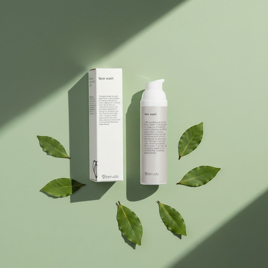 peruda skincare neem face wash bottle and box on a sage green background surrounded by bay leaves