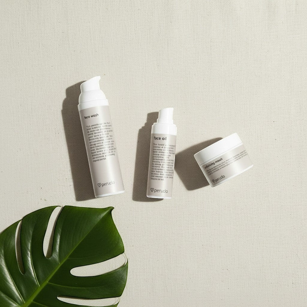 peruda skincare three-step sensitive skin ritual set with face wash, face oil, and exfoliating mask on linen
