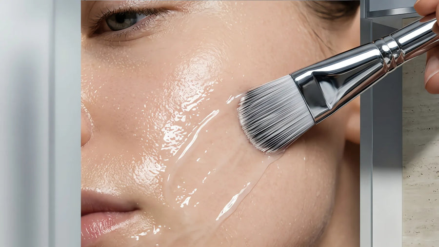 Clear gel mask applied to a woman's cheek with a flat brush during a facial treatment.