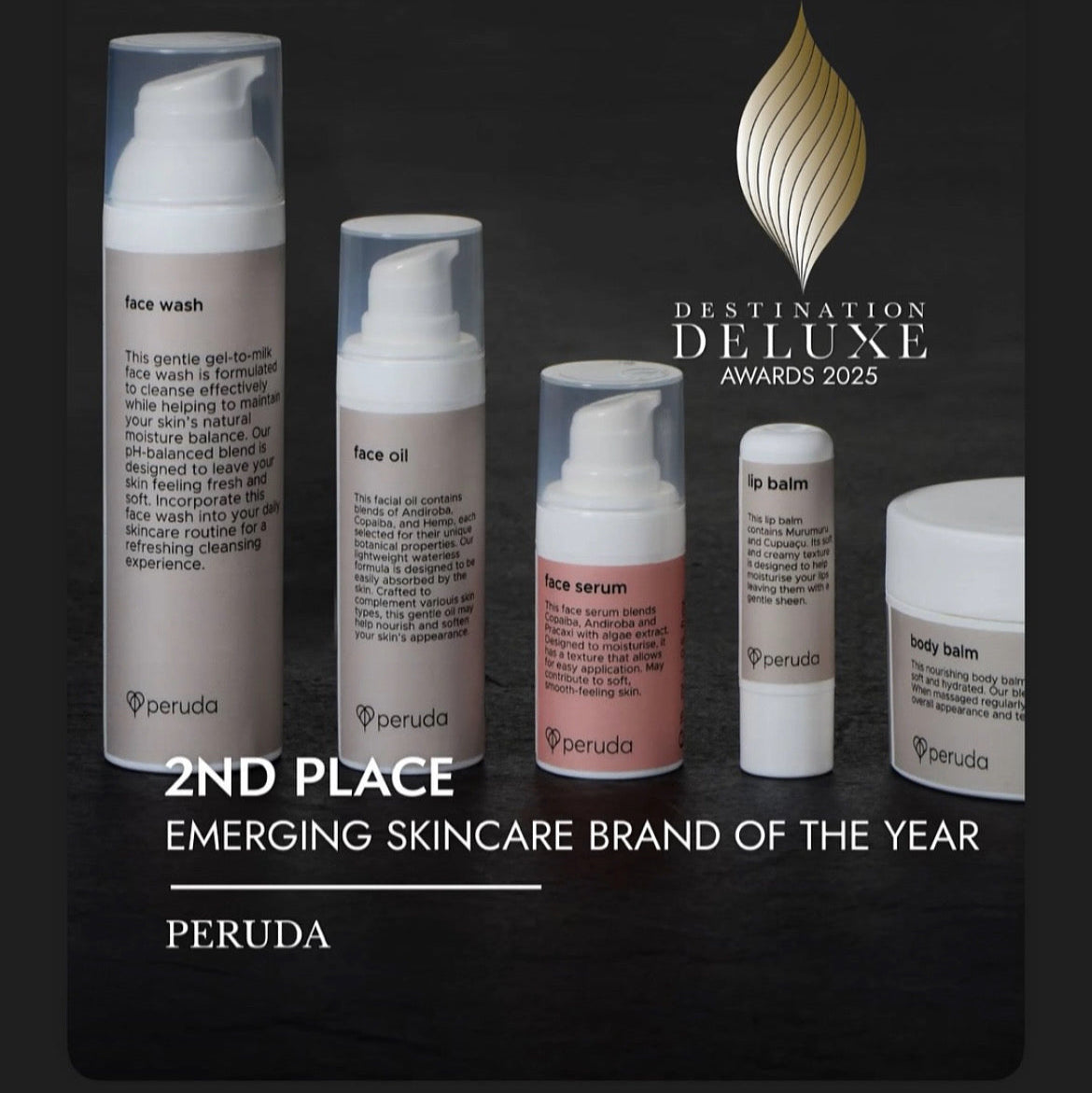 Peruda skincare products with awards text on a black background