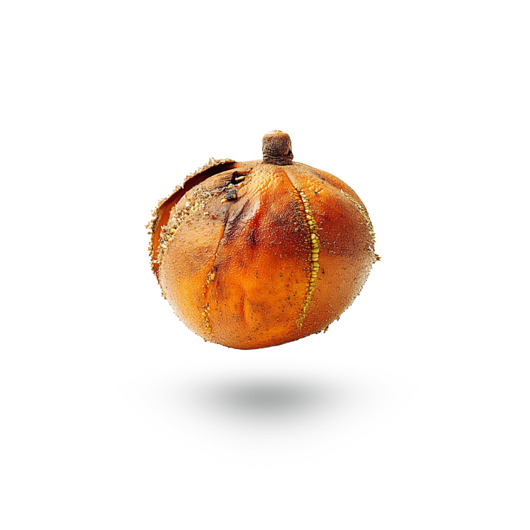 A single andiroba fruit with a brown cap and textured orange-brown body, floating against a solid white background with a soft drop shadow underneath.