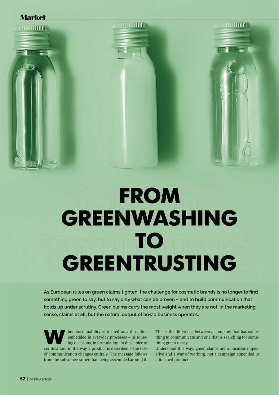 A magazine-style editorial page with two clear glass bottles on a pale green background and the headline 'FROM GREENWASHING TO GREENTRUSTING' in large black text.
