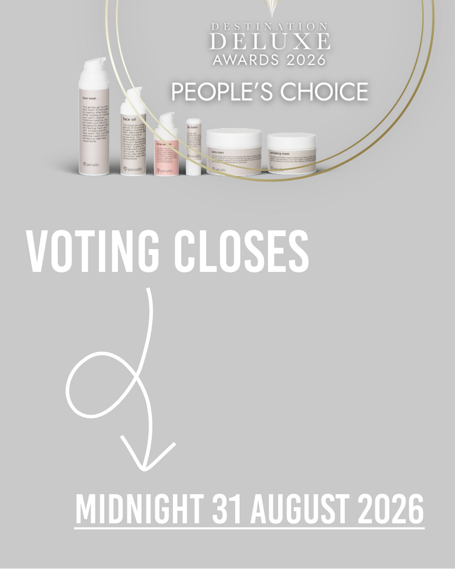 Promotional graphic for the Deitification & Deluxe Awards 2026 People's Choice, featuring a gold 'Vote Now' badge and a lineup of cosmetic products at the top, with voting closing midnight 31 August 2026 on a light gray background.