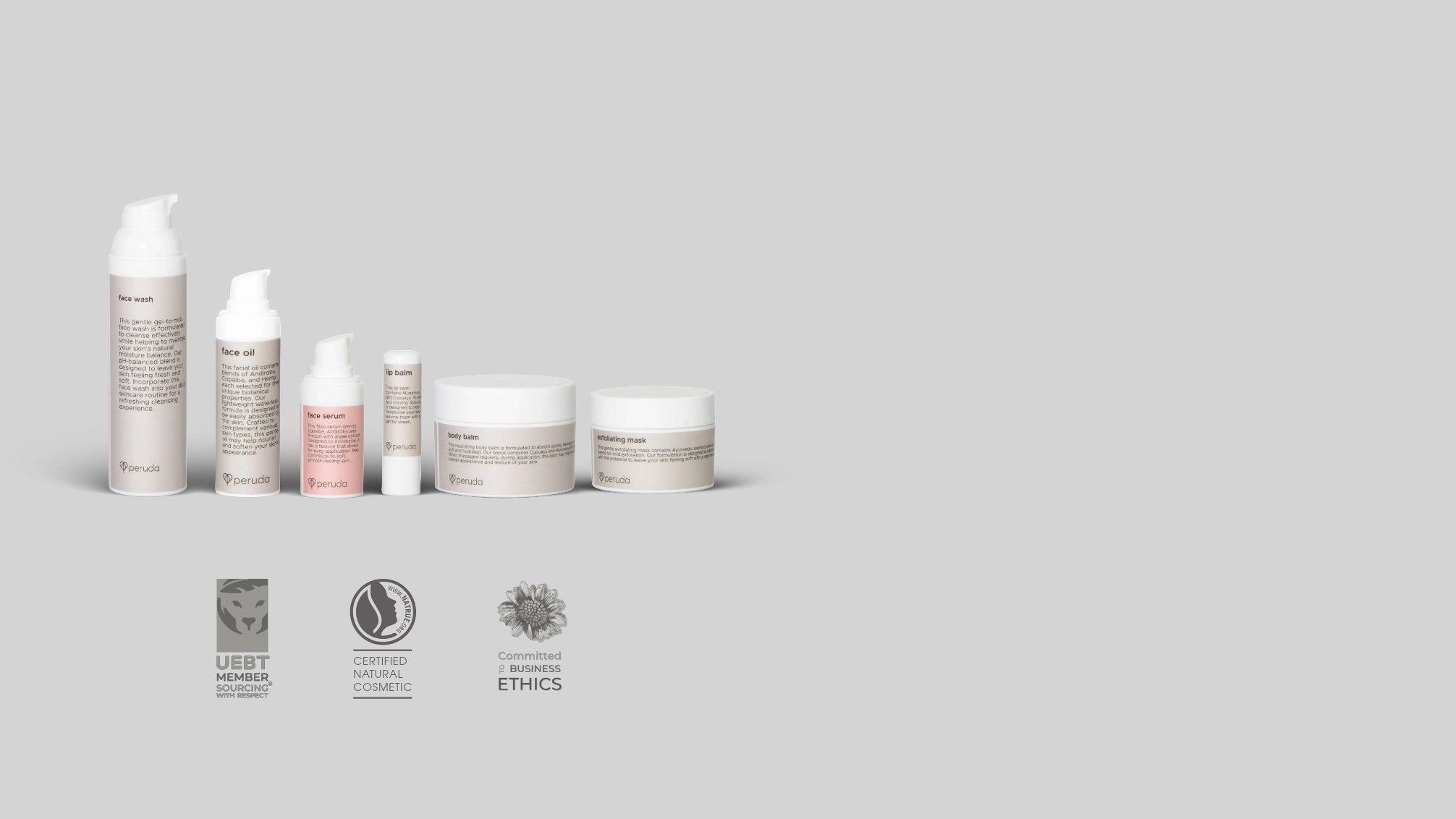 Six skincare bottles and jars lined up on a light gray background, with three certification logos shown below them, UEBT, NATRUE, Sunheart