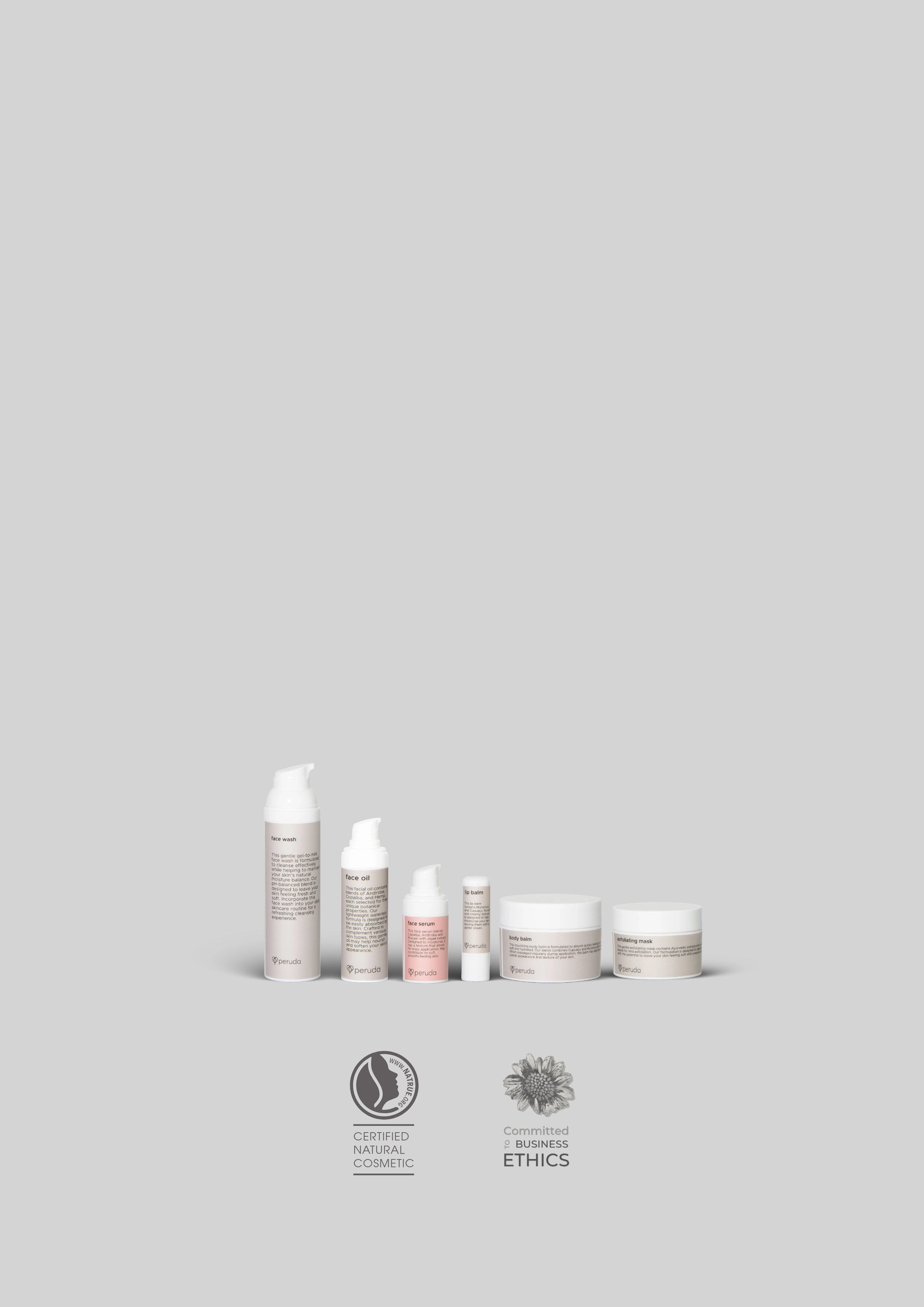 Six skincare products in white and pale pink packaging are lined up on a light gray background, with NATRUE certification and Sunhearts Business Ethics logos below them.