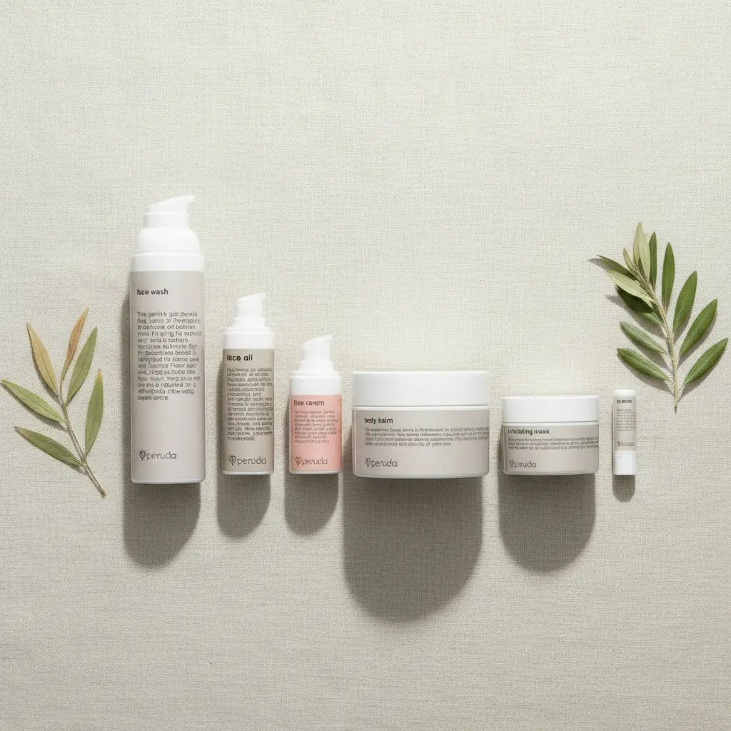 Six skincare products from the brand Typhosa are arranged in a row on a textured light beige fabric background, flanked by decorative olive branches. The products include a hair wash, neck oil, face wash, body wash, body butter, and a small tube, all in neutral white and pale pink packaging with black text.