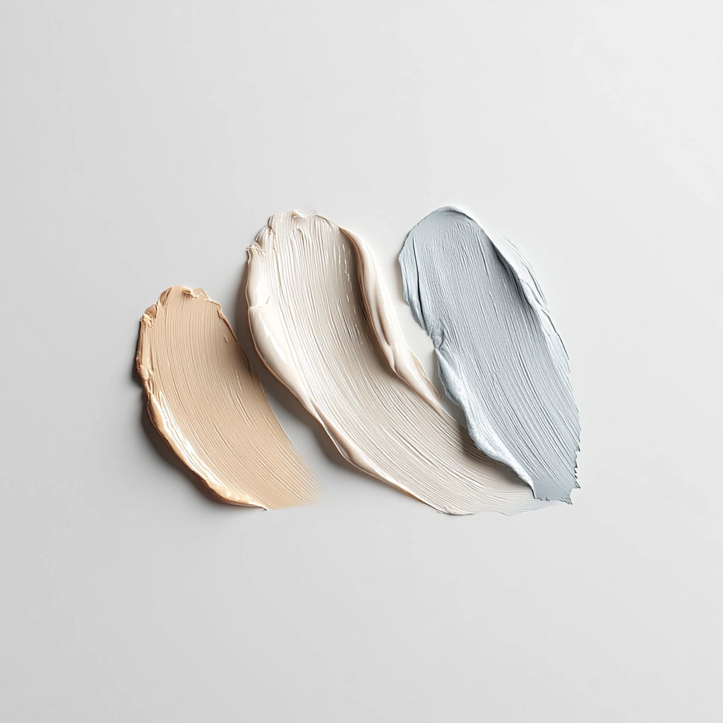 Three swatches of different shades of beige on a light gray background