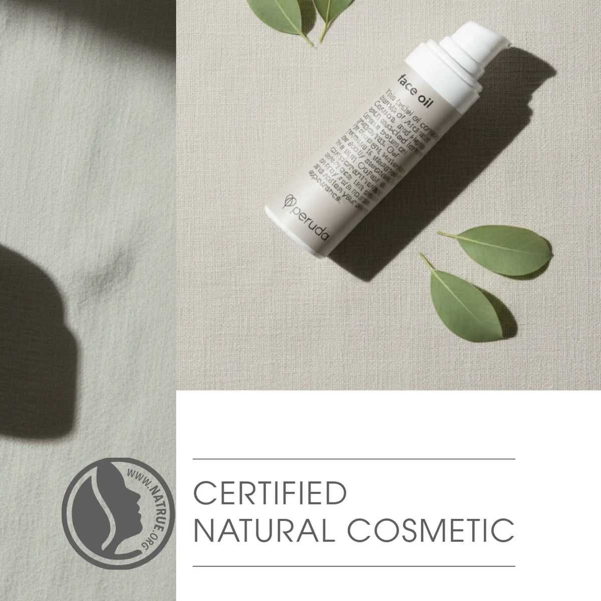 A white tube of face oil lies diagonally on a light beige textured fabric surface with a few green leaves around it. The lower portion of the image has a white panel with the text 'CERTIFIED NATURAL COSMETIC' and a circular logo reading 'www.