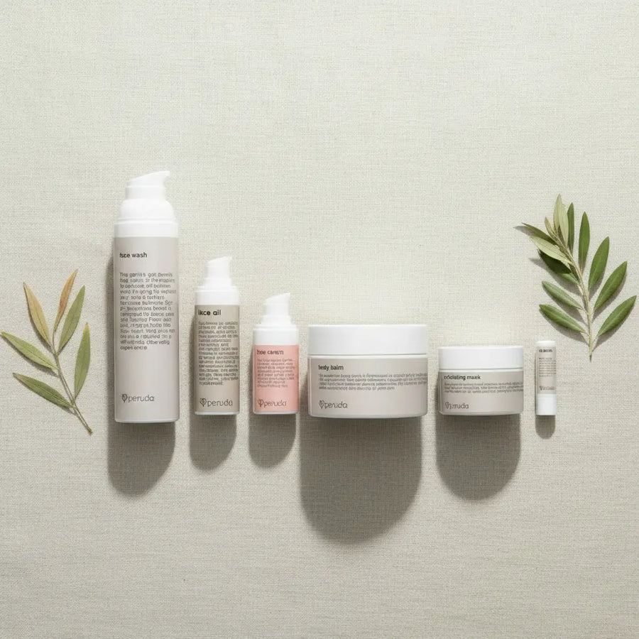 Six skincare products from the brand Typhosa are arranged in a row on a textured light beige fabric background, flanked by decorative olive branches. The products include a hair wash, neck oil, face wash, body wash, body butter, and a small tube, all in neutral white and pale pink packaging with black text.