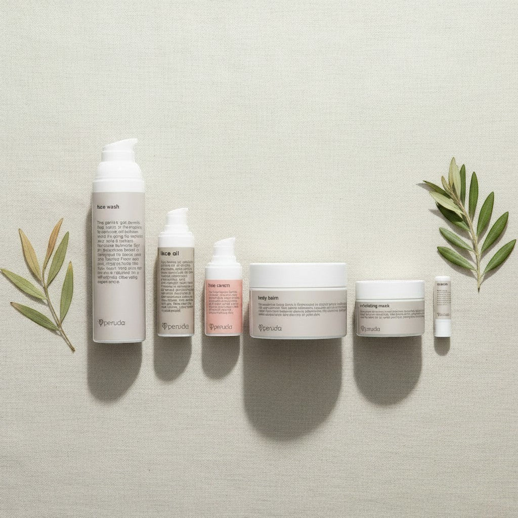 peruda skincare complete skin ritual set with face wash, face oil, exfoliating mask, face serum, body balm, and lip balm