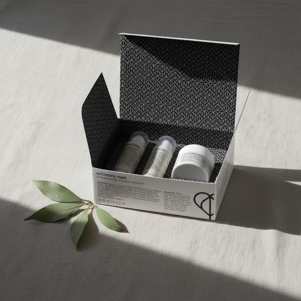 Mini natural skincare set with face wash, exfoliating mask and face oil. A botanical gift set for travel, sampling or everyday ritual.