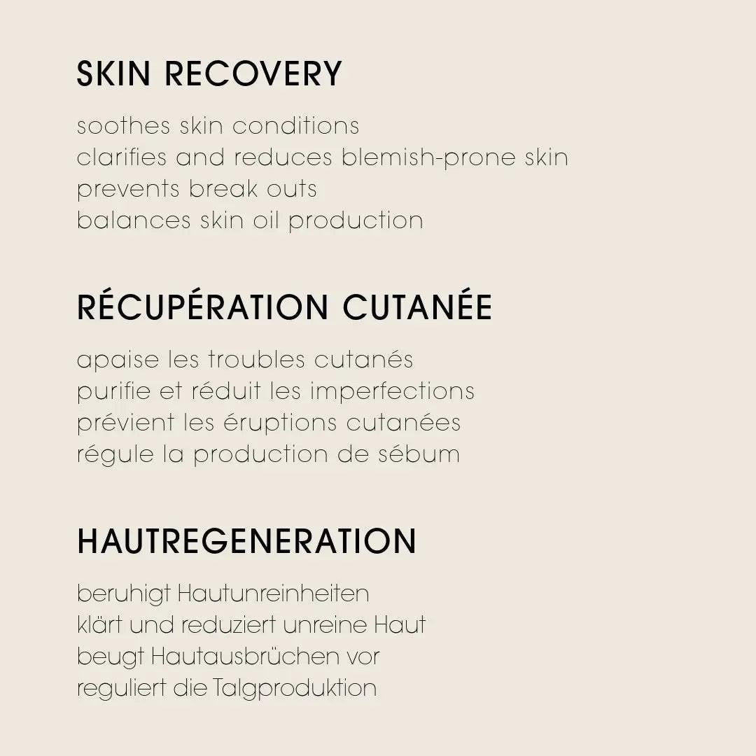 peruda skincare product benefits list for neem face wash in English, French, and German on a beige background