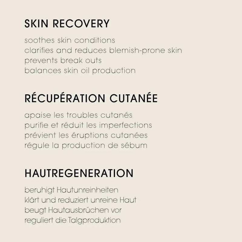peruda skincare product benefits list for neem face wash in English, French, and German on a beige background
