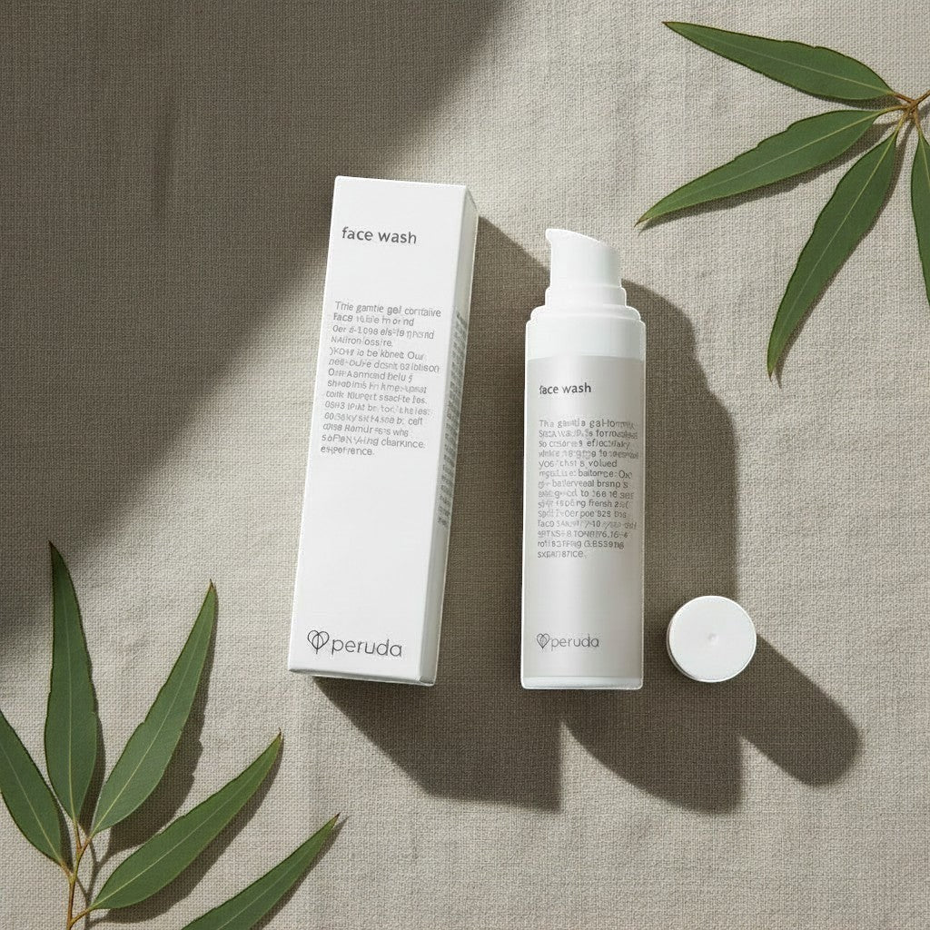 peruda skincare face wash with neem in a white pump bottle and box on a neutral linen background with green leaves