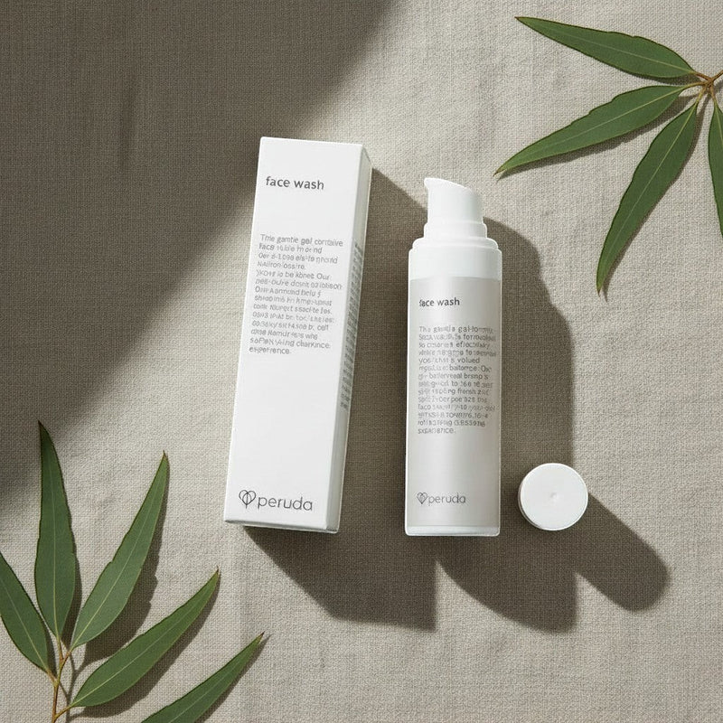 peruda skincare face wash with neem in a white pump bottle and box on a neutral linen background with green leaves