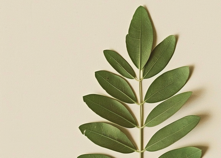 Green leaf branch on a beige background